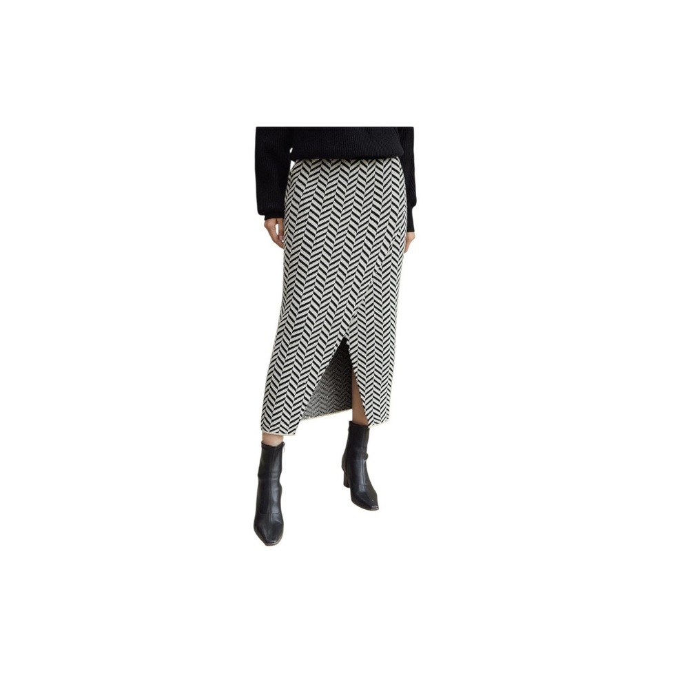 MOTF Herringbone Midi Skirt Women M Black White Wrap Front Side Slit Knit